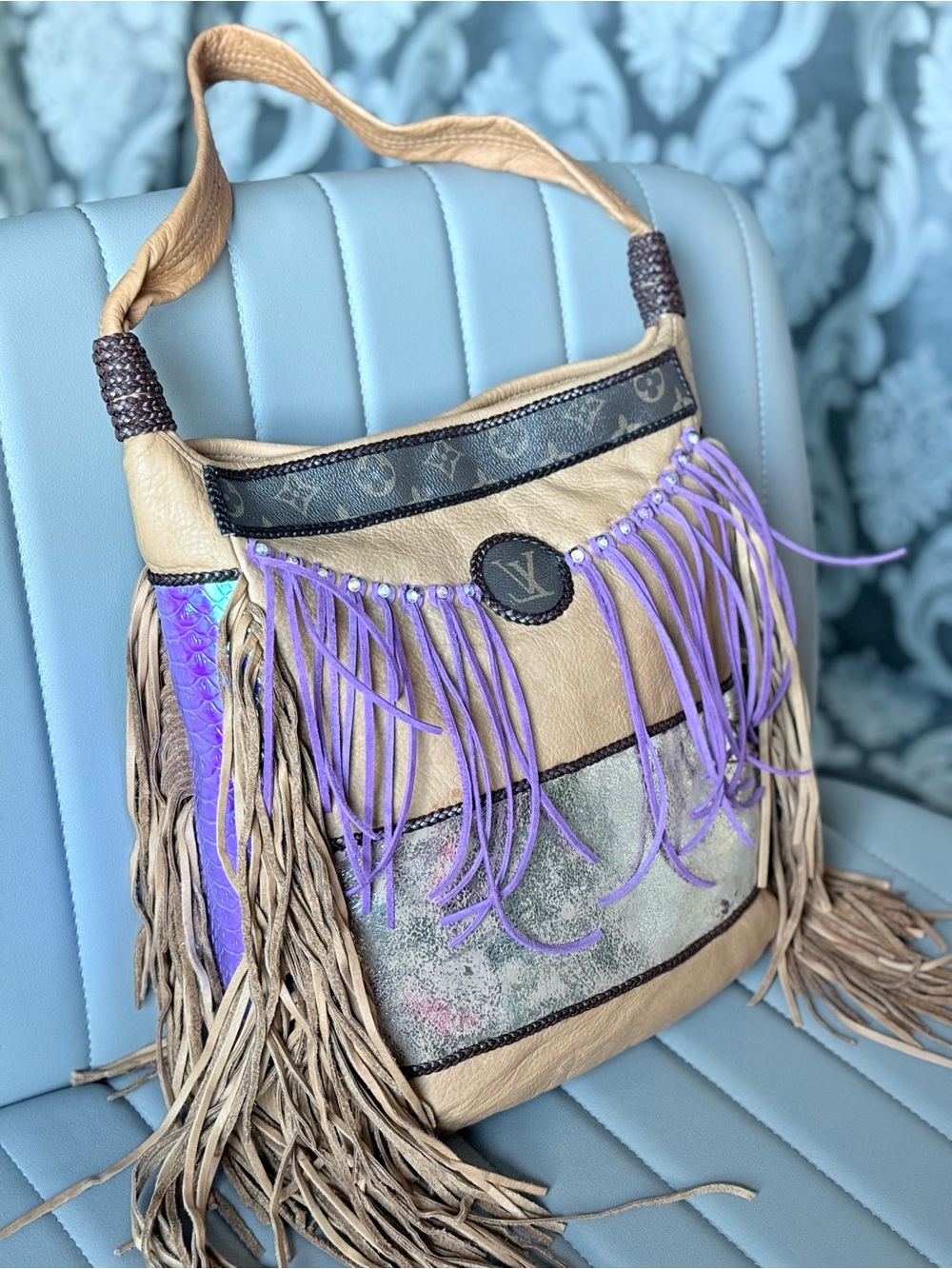 Upcycled LV Boho Fringe Western Chic Leather Tote Bag Iridescent Mermaid Tail